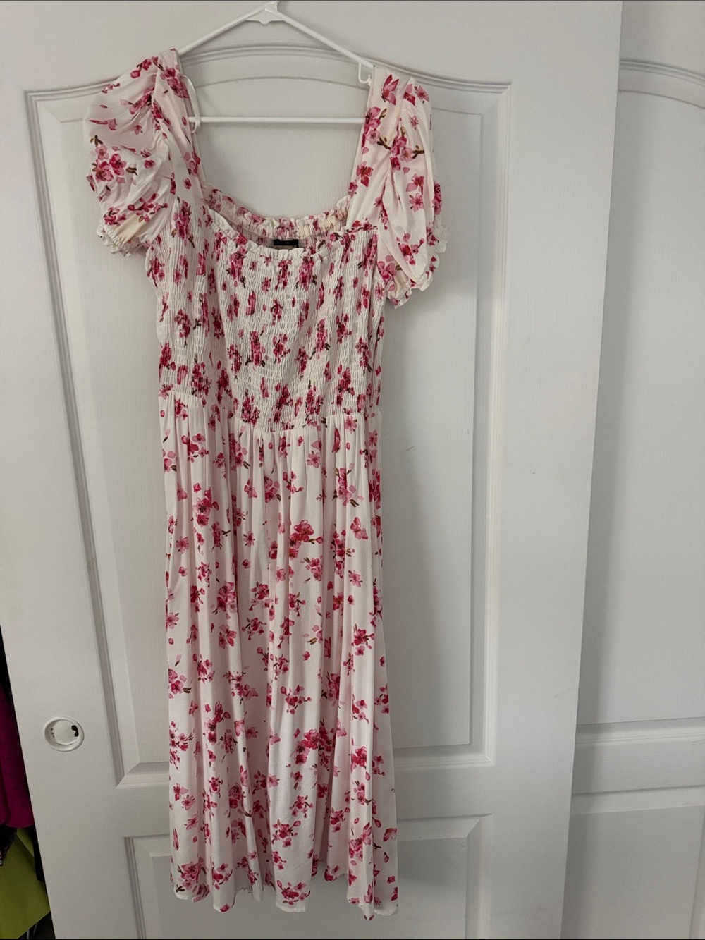 Women’s White Floral Smocked Sundress with Pink Roses